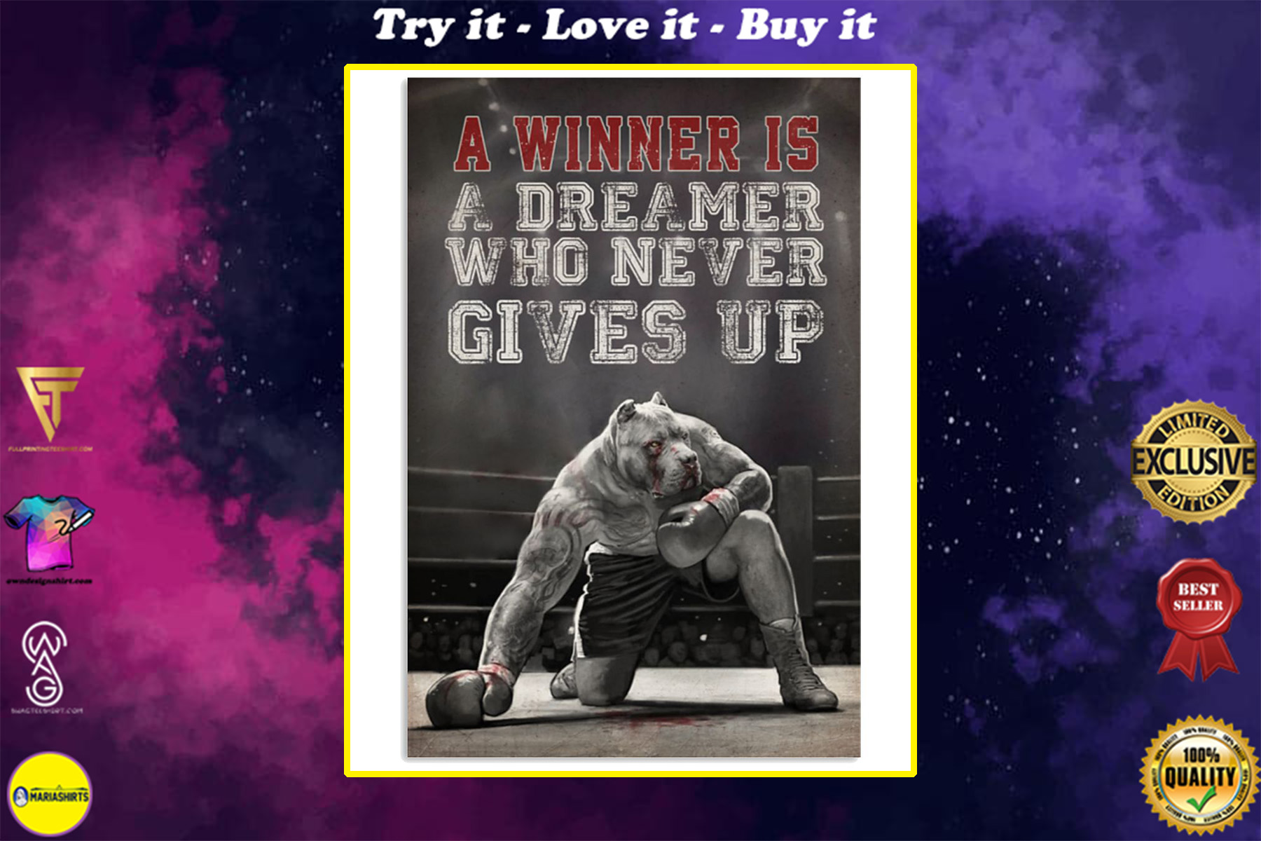 pit bull a winner is a dreamer who never give up boxing poster