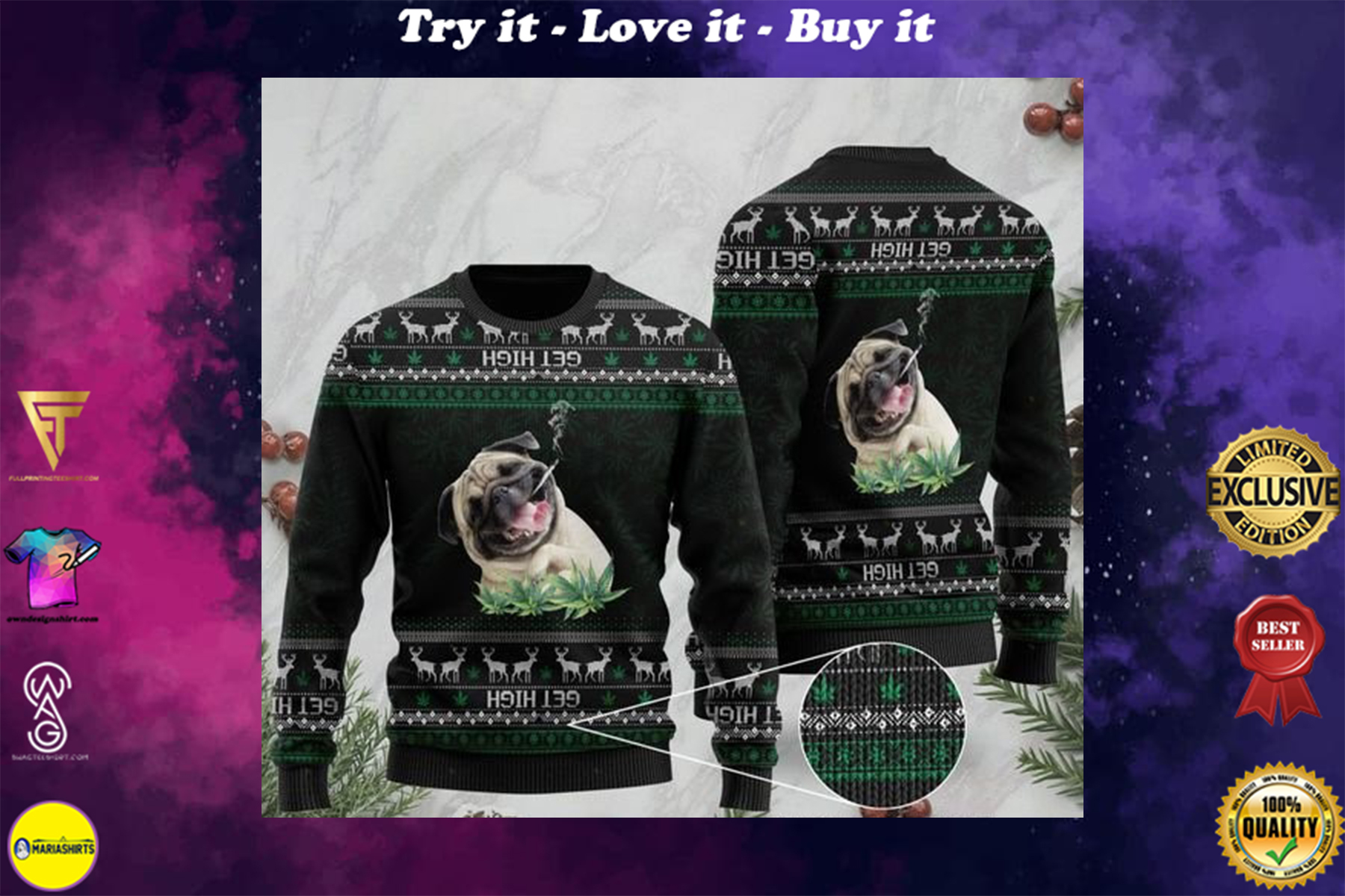 pug get high cannabis full printing ugly sweater