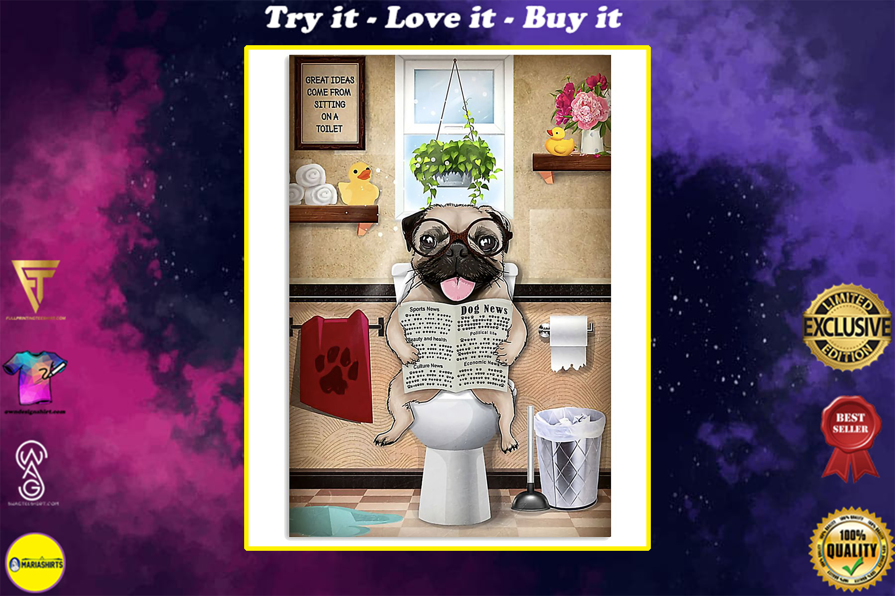pug sitting on toilet great ideas poster