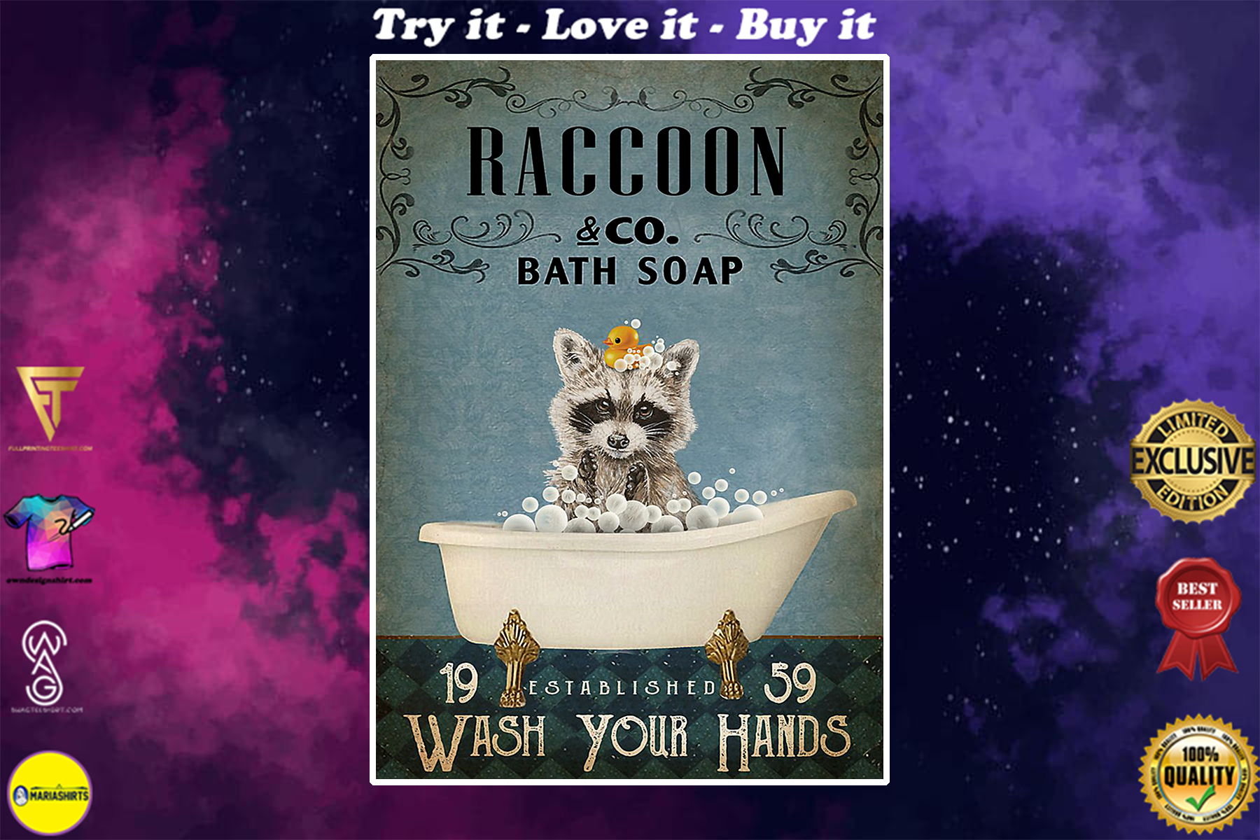 raccoon co bath soap wash your hands vintage poster