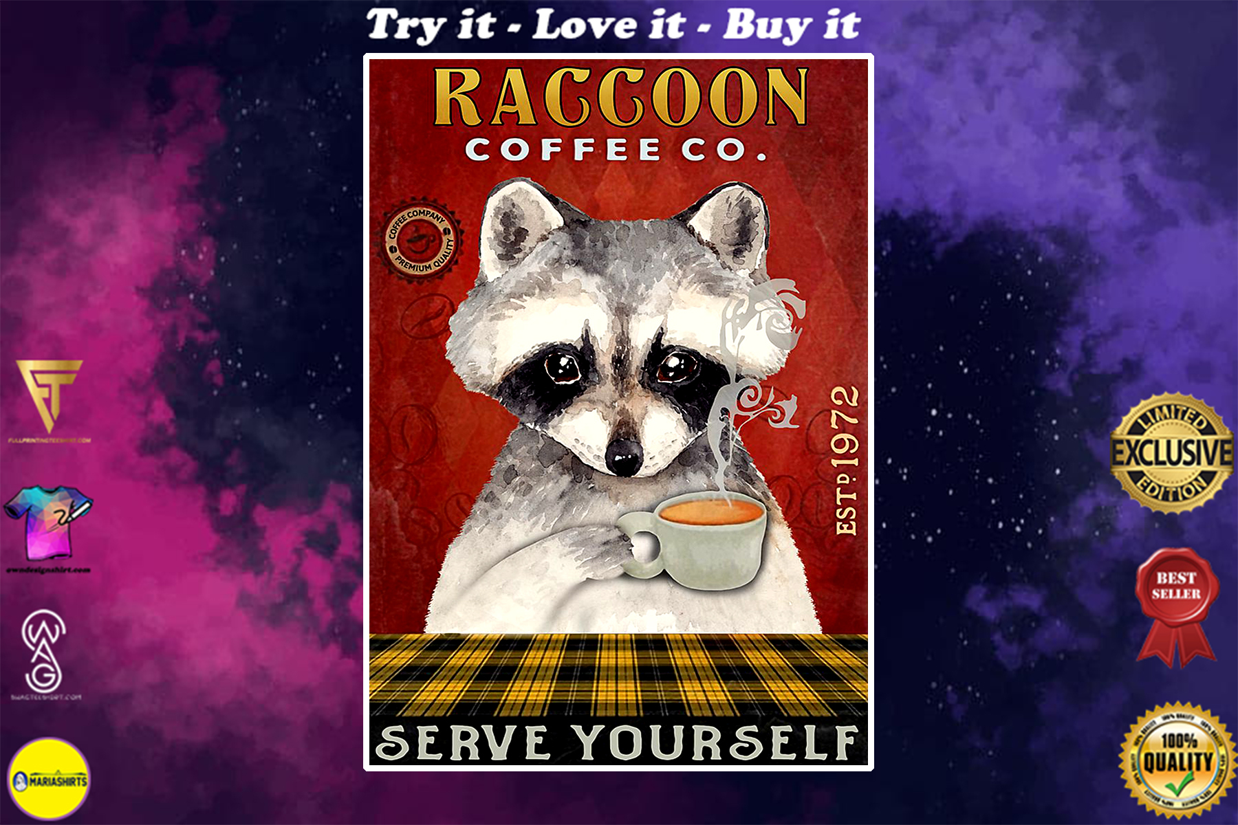 raccoon coffee company serve yourself vintage poster