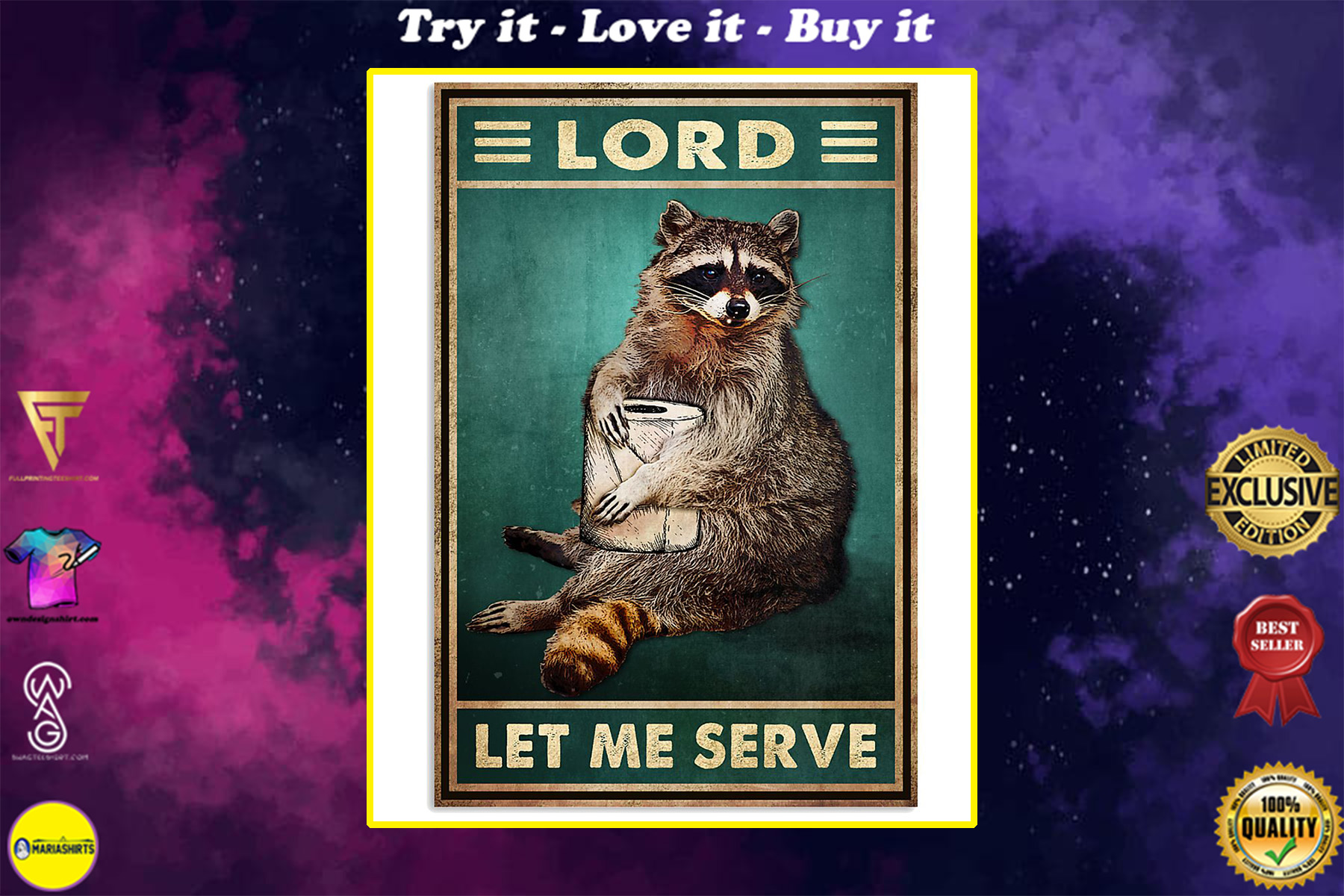 raccoon lord let me serve vintage poster