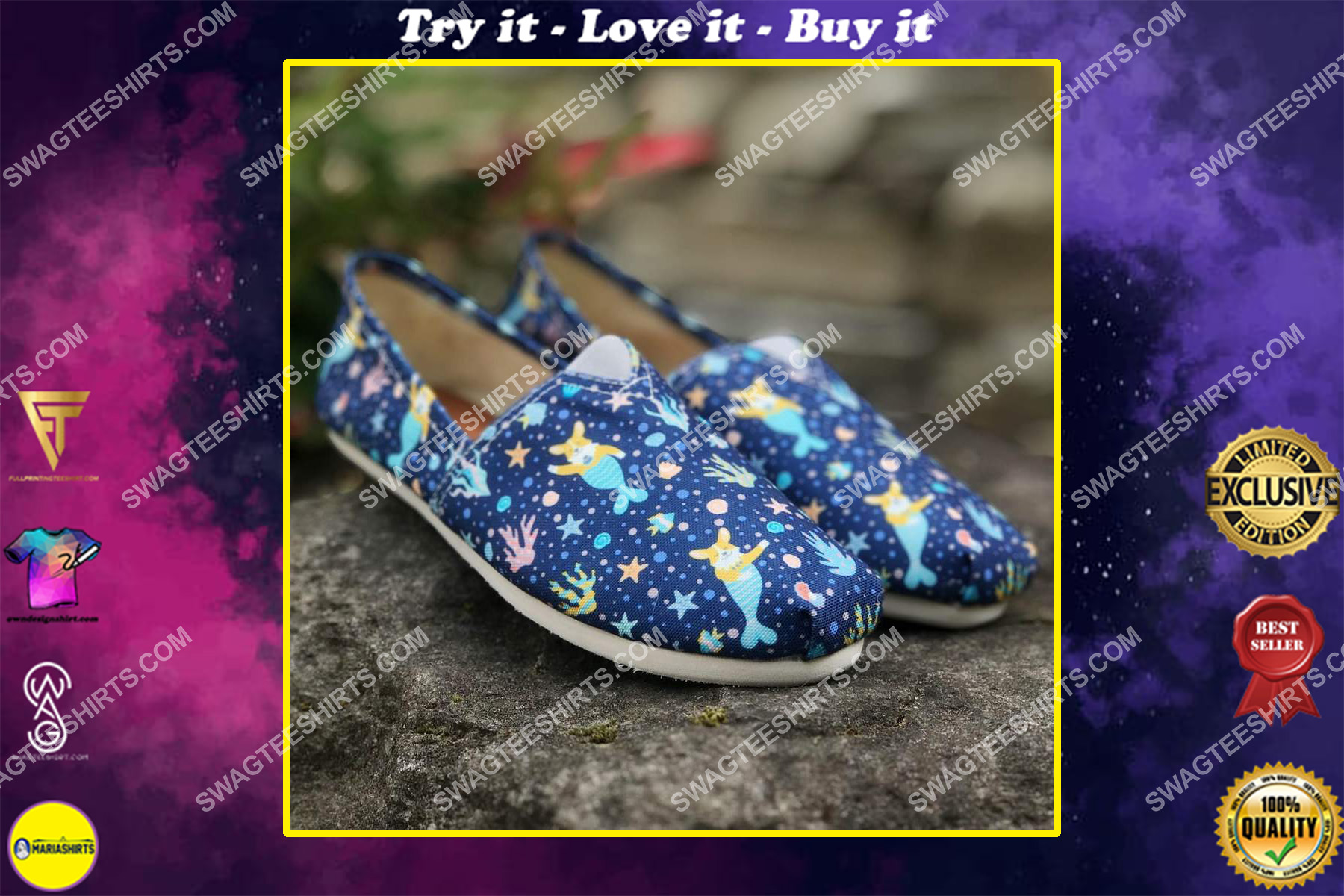 retro corgi mermaid dogs lover all over printed toms shoes