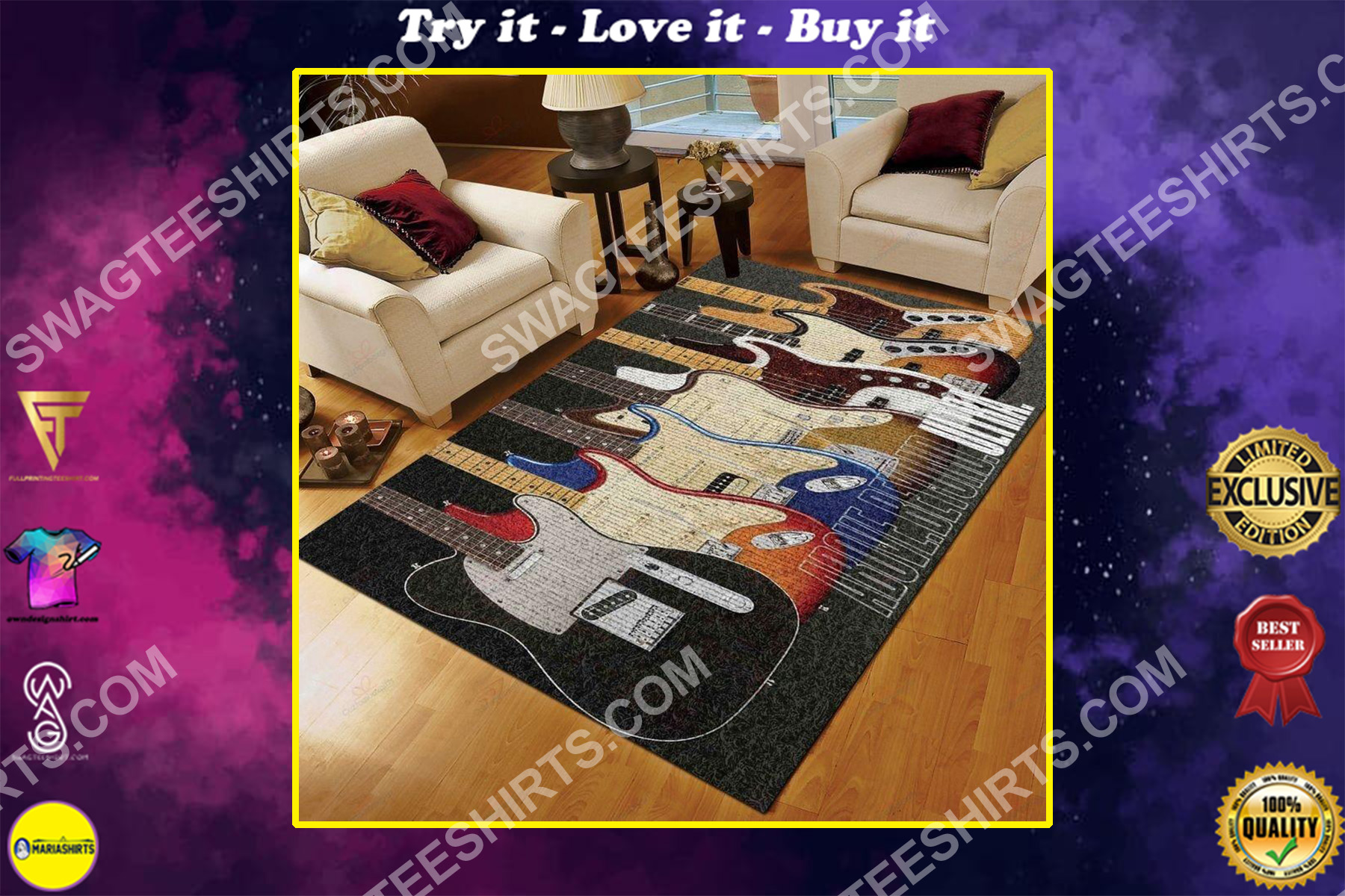 retro guitar lover all over printed rug
